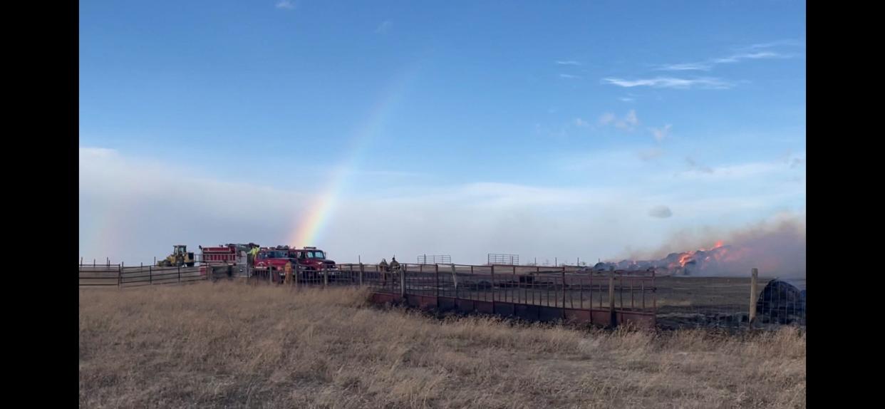 Crews work to suppress a fire east of Browning.