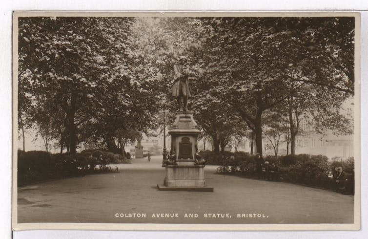 <span class="caption">The statue of Edward Colston was erected in Bristol’s Colston Avernue in 1895.</span> <span class="attribution"><a class="link " href="http://archives.bristol.gov.uk/Record.aspx?src=CalmView.Catalog&id=43207%2f26%2f1%2f12&pos=4" rel="nofollow noopener" target="_blank" data-ylk="slk:Bristol Archives;elm:context_link;itc:0;sec:content-canvas">Bristol Archives</a></span>