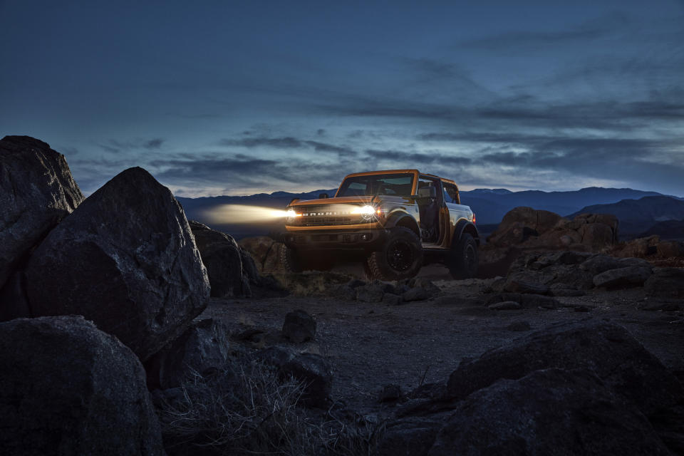 Pre-production 2021 two-door Bronco Black Diamond series in Cyber Orange Metallic Tri-Coat with Sasquatchâ¢ off-road package.