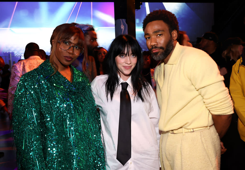 <em>Swarm</em> co-creators Janine Nabers and Donald Glover hang out with Billie Eilish, who appears on the show, at its premiere in Los Angeles. (Photo: Tommaso Boddi/Getty Images for Prime Video)