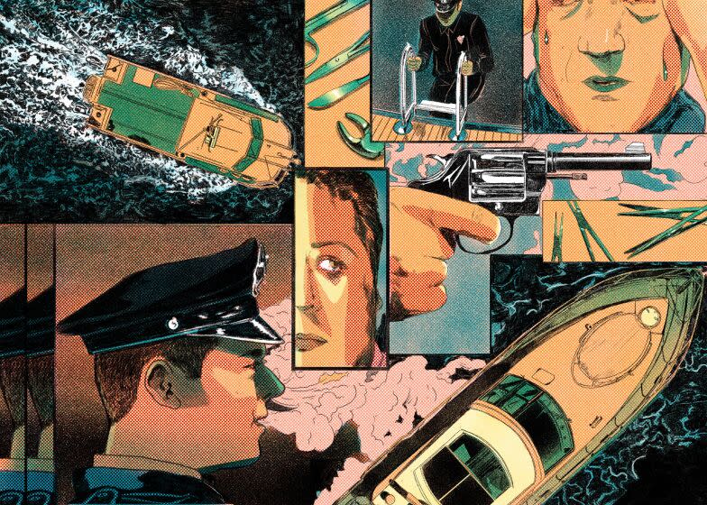 Illustration showing noir-ish comic-like scenes involving two boats, detectives, men, a gun and surgical instruments.