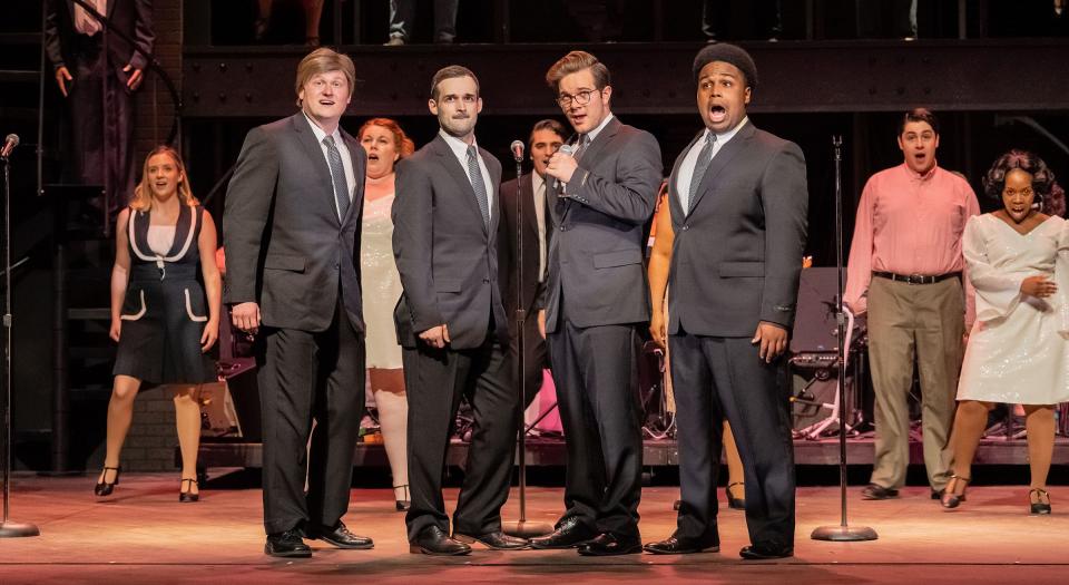 Cordell Smith, Adam Woolsey, Kevin Ludwig and Adam Baker as the members of the Four Seasons perform "Who Loves You" in a scene from "Jersey Boys" at the Croswell Opera House.