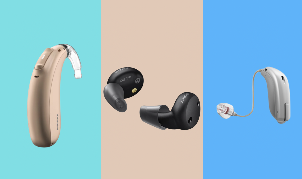 three Bluetooth hearing aids on a colorful background