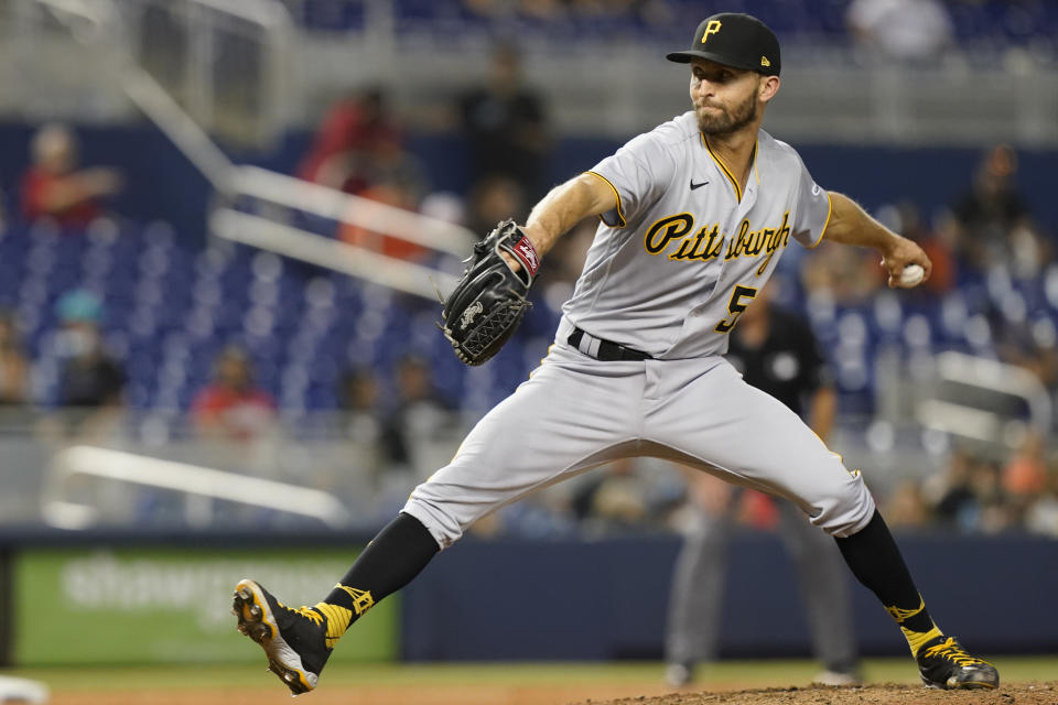 Pittsburgh Pirates relief pitcher Chasen Shreve throws during the ninth inning of the team's baseball game against the Miami Marlins, Saturday, Sept. 18, 2021, in Miami. The Pirates won 6-3. (AP Photo/Marta Lavandier)