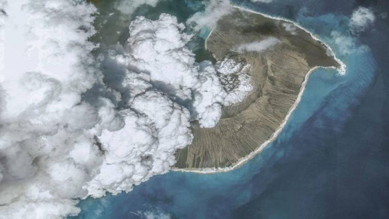An aerial view of the Tonga volcano eruption in 2022.