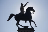 FILE - This Jan. 27, 2017 file photo shows a statue of George Washington in Richmond, Va. On Friday, July 3, 2020, President Donald Trump said he has a vision for his second term, if he wins one, of establishing a “National Garden of American Heroes” that will pay tribute to some of the most prominent figures in U.S. history, a collection of “the greatest Americans to ever live.” (AP Photo/Steve Helber)