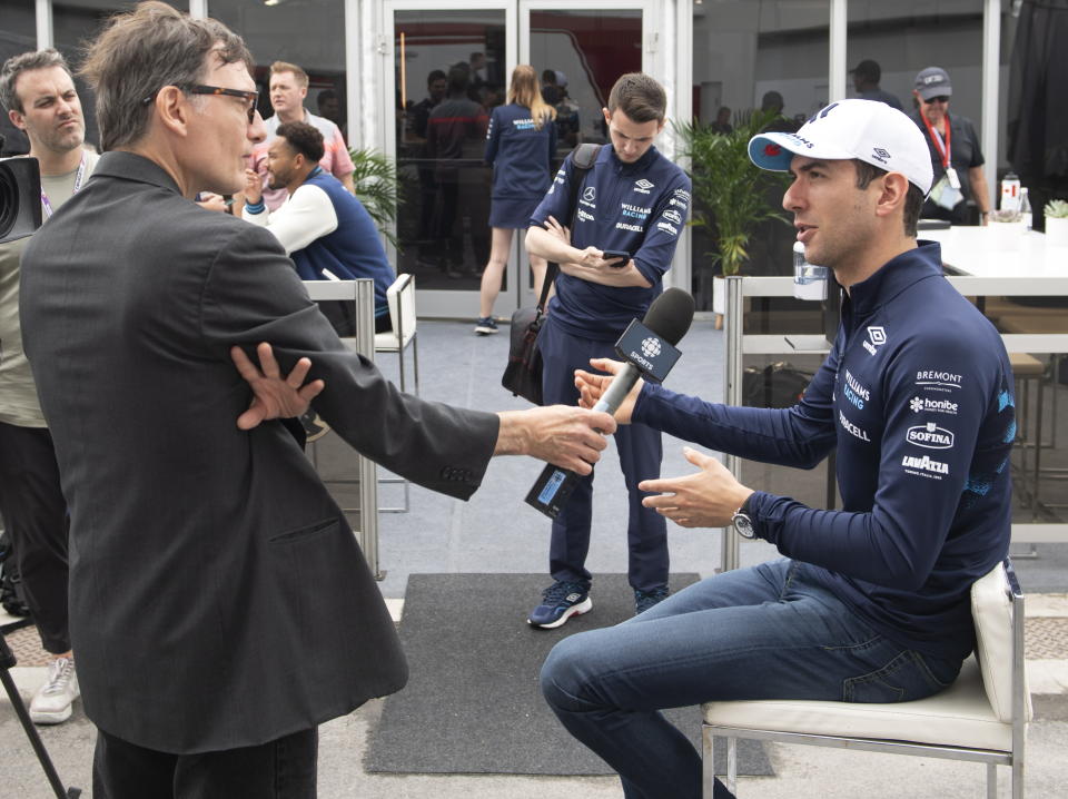 Williams driver Nicholas Latifi, from Canada, speaks to reporters at the Formula 1 Canadian Grand Prix auto race, Thursday, June 16, 2022 in Montreal. (Graham Hughes/The Canadian Press via AP)