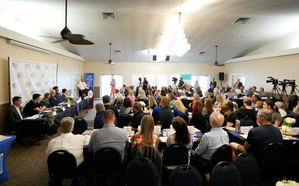 A crowd of 150 people fill the meeting room at Riverside Pavilion in Port Orange where the Port Orange South Daytona Chamber of Commerce hosted a panel discussion on the growing opioid epidemic on Thursday, April 11, 2024.