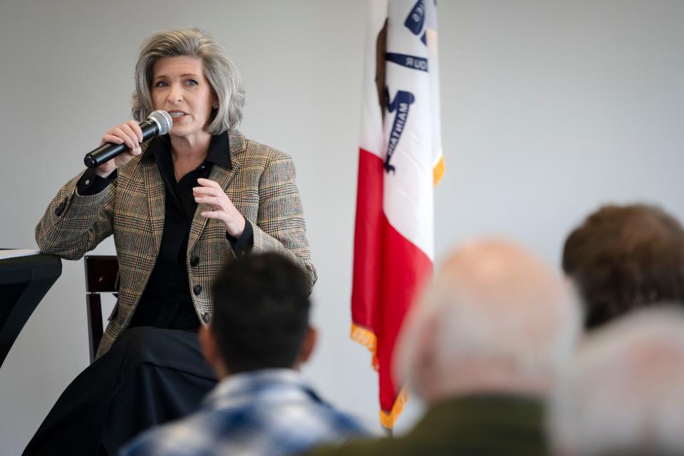 Sen. Joni Ernst, R-Iowa speaks during a town hall in Boone, Friday, Feb. 23, 2024.