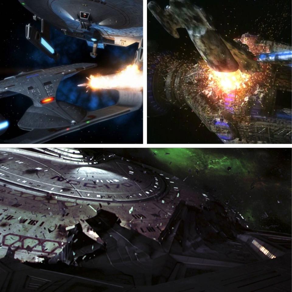 Starships crashing into each other in various shows and films in Star Trek history.