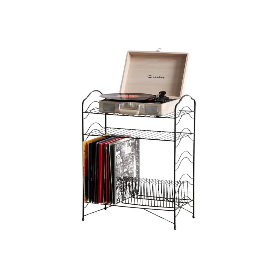 Black iron record storage shelf