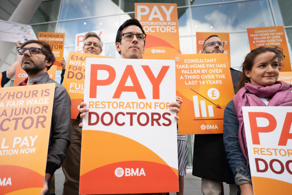 Junior doctors and consultants Medical consultant on the picket line outside University College Hospital, London, amid their dispute with the Government over pay. Picture date: Wednesday September 20, 2023. (Photo by Stefan Rousseau/PA Images via Getty Images)