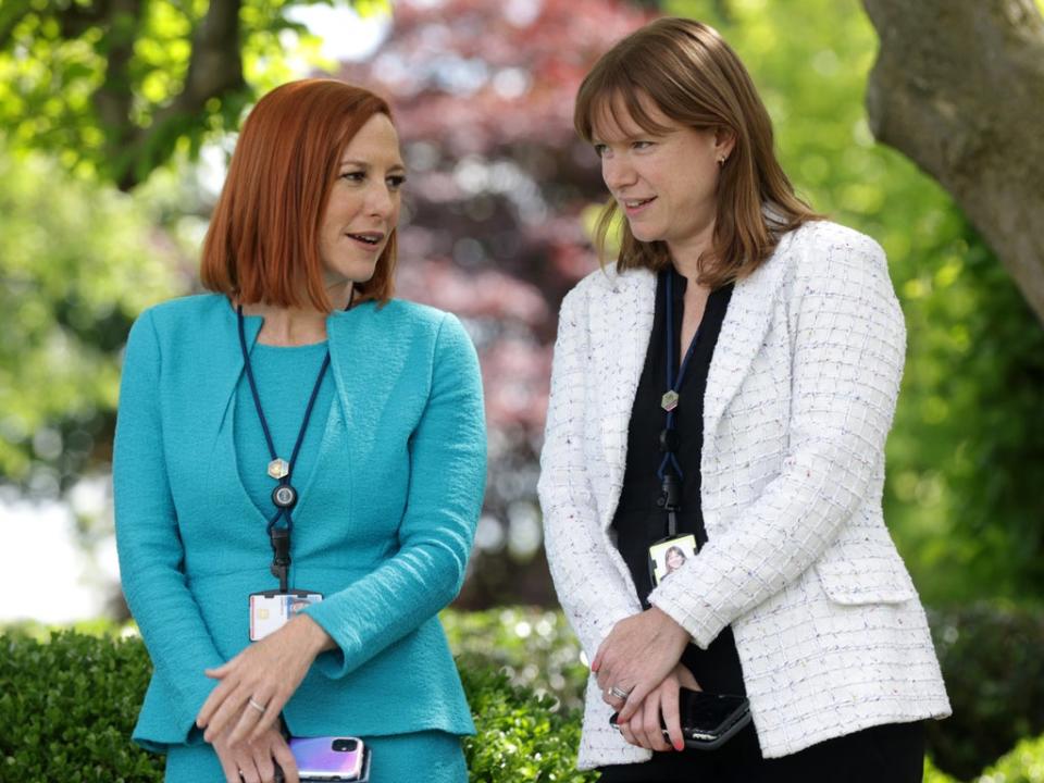 White House Press Secretary Jen Psaki and Communications Director Kate Bedingfield wait for President Joe Biden to deliver remarks on 13 May, 2021 (Getty Images)