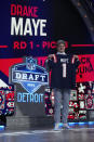 North Carolina quarterback Drake Maye poses after being chosen by the New England Patriots with the third overall pick during the first round of the NFL football draft, Thursday, April 25, 2024, in Detroit. (AP Photo/Jeff Roberson)