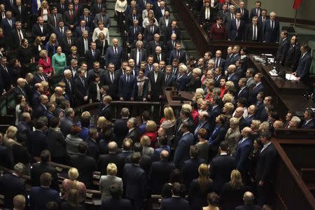 Poland's opposition lawmakers protesting at the plenary hall in parliament building. in Warsaw, Poland, January 11, 2017. REUTERS/Slawomir Kaminski/Agencja Gazeta