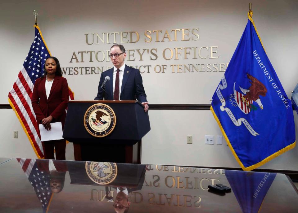 Assistant Attorney General Kristen Clarke of the Justice Department’s Civil Rights Division and U.S. Attorney Kevin G. Ritz for the Western District of Tennessee held a press conference about opening an investigation into the Memphis Police Department on July 27, 2023 at the U.S. Attorney’s Office for the Western District of Tennessee in Downtown Memphis.