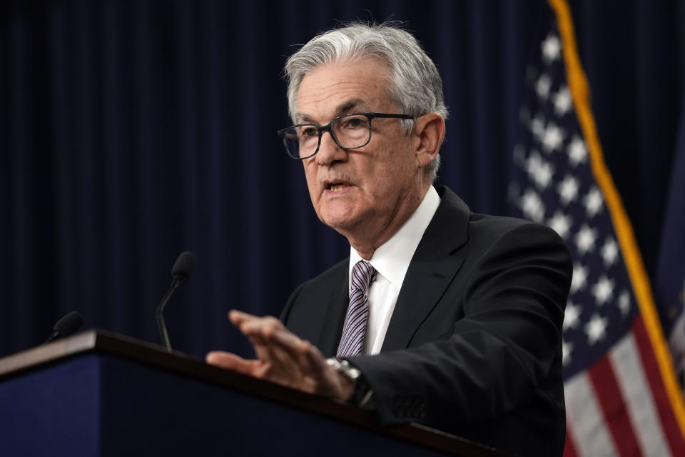 Federal Reserve Chairman Jerome Powell speaks during a news conference in Washington, Wednesday, May 3, 2023, following the Federal Open Market Committee meeting. A high inflation print for April will add to risks the Fed will once again raise interest rates at its next policy meeting. (AP Photo/Carolyn Kaster)