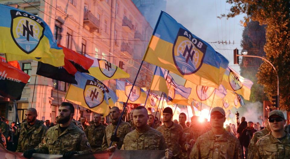 <div class="inline-image__caption"><p>The Azov battalion demonstrates in Kiev on Oct. 14, 2014, to mark the founding of the Ukrainian Insurgent Army (UPA), a paramilitary partisan movement formed in 1943 to battle for independence against Polish, Soviet, and German forces in western Ukraine.</p></div> <div class="inline-image__credit">Genya Savilov/AFP via Getty</div>