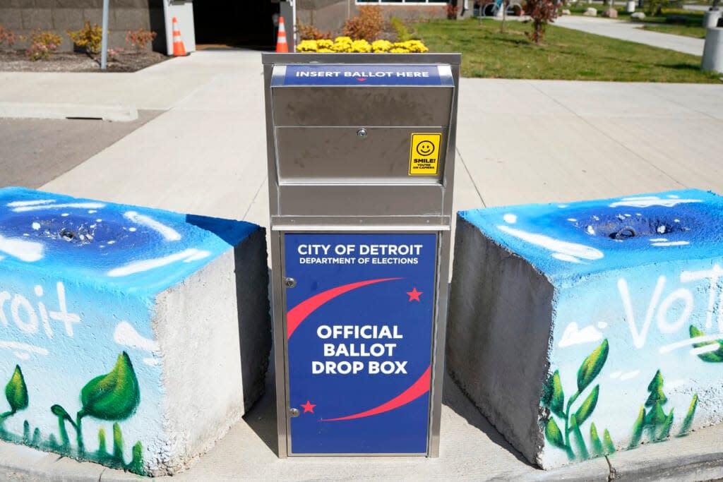 A ballot drop box is shown where voters can drop off absentee ballots instead of using the mail in Detroit on Oct. 16, 2020. (AP Photo/Carlos Osorio, File)