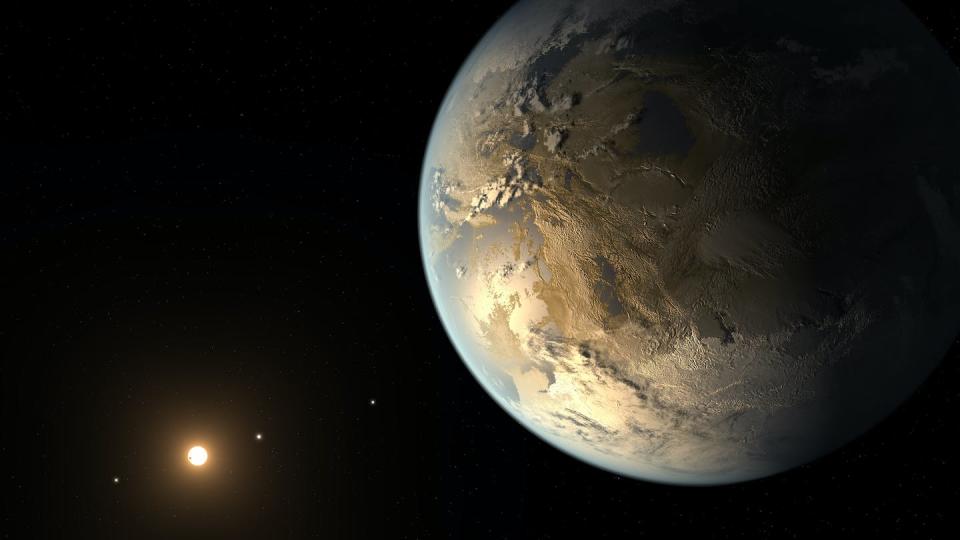 Recreación de Kepler-186f, el primer planeta de tamaño similar a la Tierra descubierto en la zona habitable de una estrella en 2014. Como parte de la búsqueda de inteligencia extraterrestre, el Allen Telescope Array buscó emisiones de radio del sistema Kepler-186 durante un mes. No se encontraron señales atribuibles a tecnología extraterrestre. Ahora pensamos que es poco probable que el planeta tenga vida actualmente. <a href="https://www.nasa.gov/sites/default/files/thumbnails/image/kepler_1_1.jpg" rel="nofollow noopener" target="_blank" data-ylk="slk:NASA Ames/JPL-Caltech/T. Pyle;elm:context_link;itc:0;sec:content-canvas" class="link ">NASA Ames/JPL-Caltech/T. Pyle</a>, <a href="http://creativecommons.org/licenses/by/4.0/" rel="nofollow noopener" target="_blank" data-ylk="slk:CC BY;elm:context_link;itc:0;sec:content-canvas" class="link ">CC BY</a>