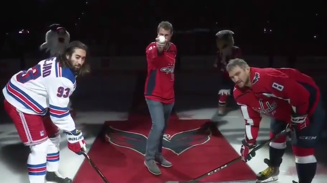 'Mad Max' switches puck for baseball for ceremonial drop for Capitals home game. (Twitter / @Capitals)