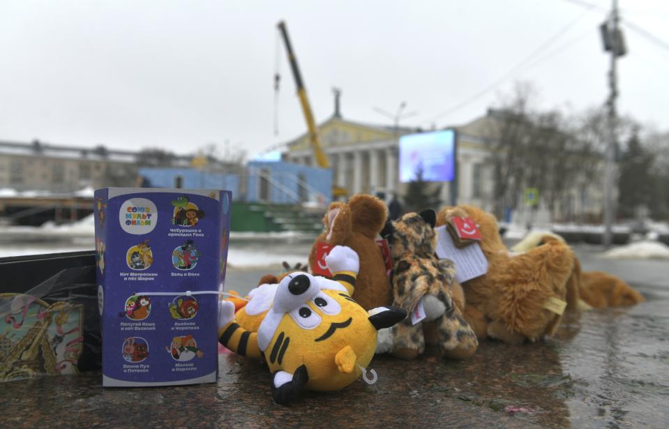 Toys left at a makeshift memorial on Friday, Jan. 26, 2024, commemorate the victims of the Dec. 30 shelling in Belgorod, Russia. The attack on the city near the Ukrainian border killed 25 people and injured 109. Such attacks are dealing a heavy blow to President Vladimir Putin’s attempts to reassure Russians that life in the country is largely untouched by the nearly 2-year-old conflict. (AP Photo)