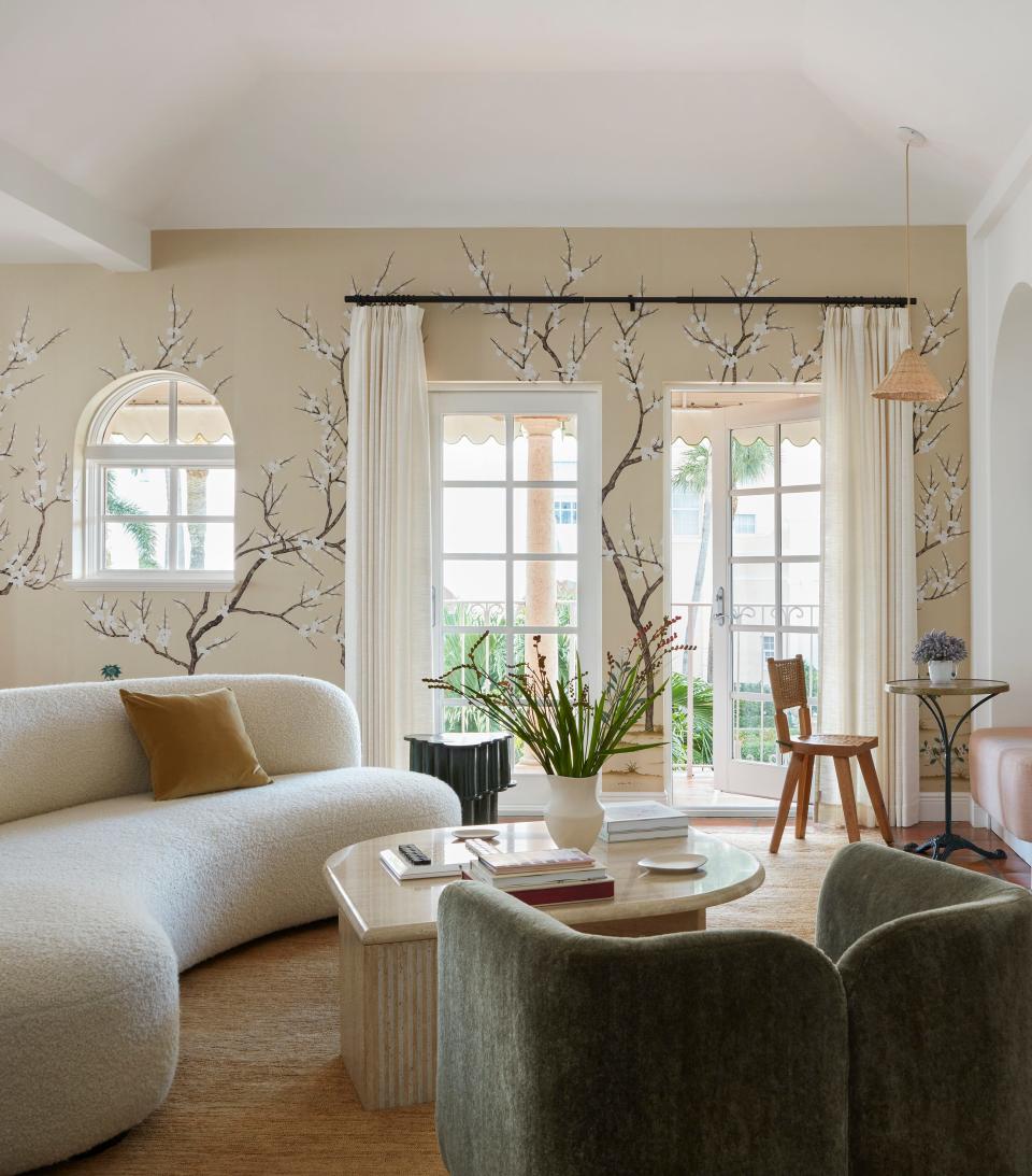 Living spaces in the goop villa feature custom botanical wallpaper produced by a partnership between goop and Fromental.