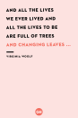 <p>And all the lives we ever lived and all the lives to be are full of trees and changing leaves ...</p>