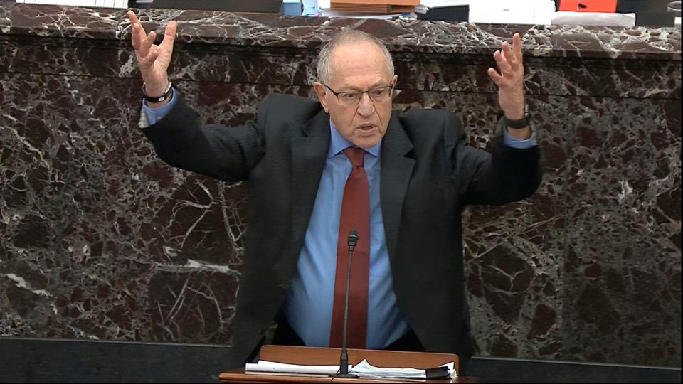 Alan Dershowitz, an attorney for President Donald Trump, answers a question during the impeachment trial against Trump in the Senate at the U.S. Capitol in Washington, Wednesday, Jan. 29, 2020. 