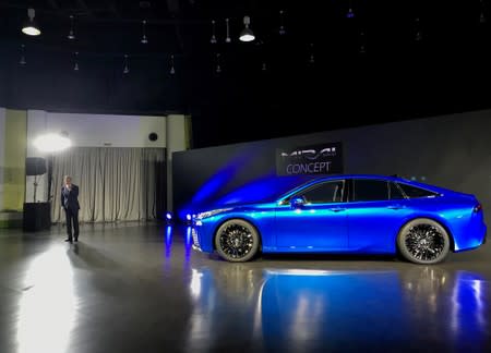 Prototype of Toyota Motor Corp's second-generation Mirai fuel-cell car is displayed in Tokyo