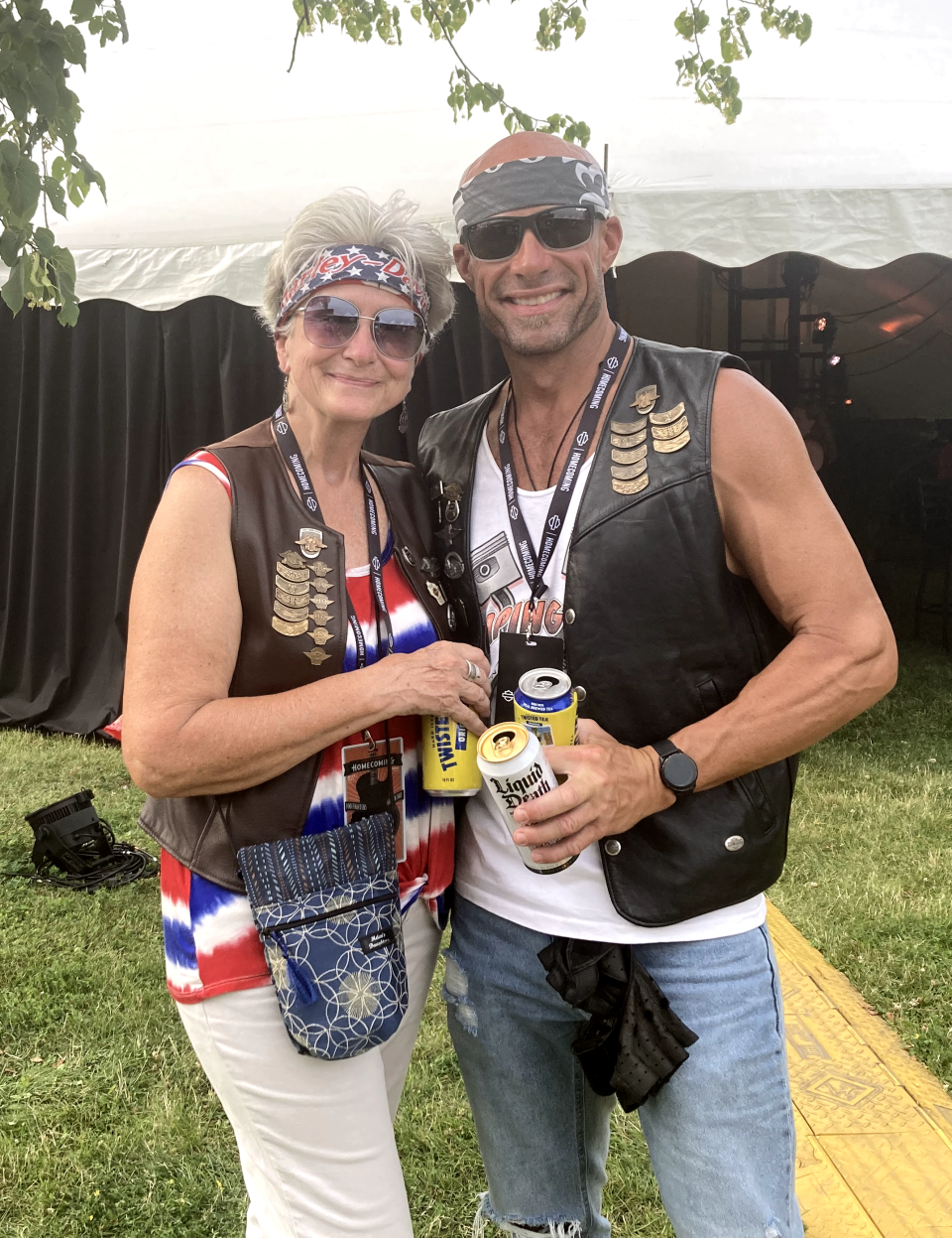 Roxanne Zetzman and son Jeff Zetzman honor the memory of Jeff Zetzman Sr. through their fashion choices at the Harley-Davidson 120th anniversary in Veteran's Park.