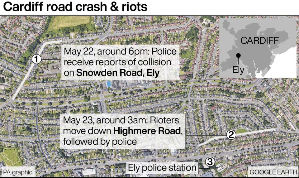 Cardiff road crash & riots. See story POLICE Ely. Infographic PA Graphics. An editable version of this graphic is available if required. Please contact graphics@pamediagroup.com.