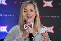 Oklahoma women's head coach Jennie Baranczyk speaks during the Big 12 NCAA college basketball media days Tuesday, Oct. 19, 2021, in Kansas City, Mo. (AP Photo/Ed Zurga)