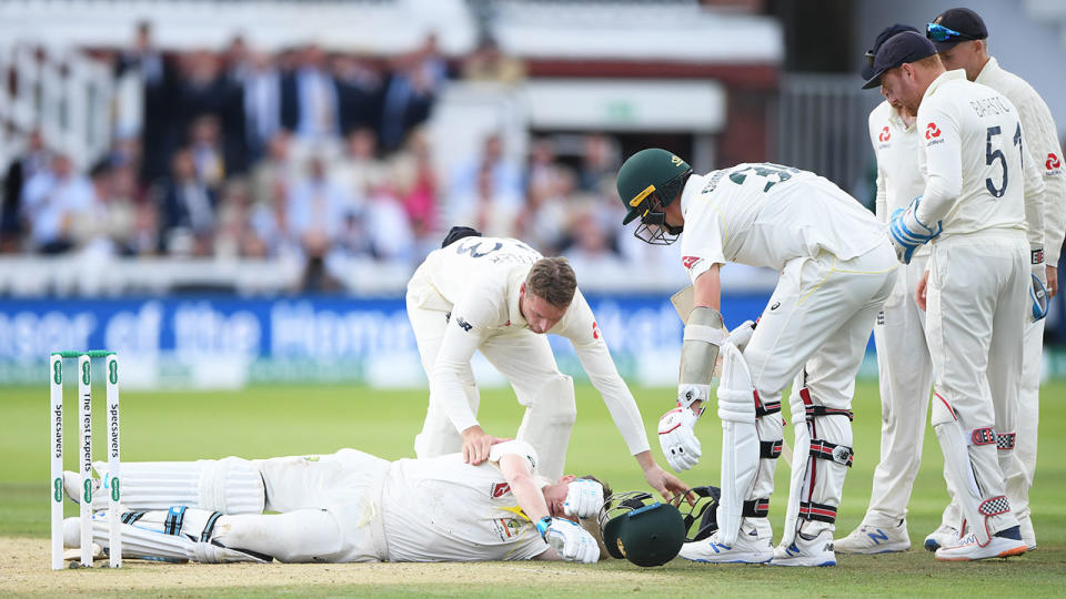 Steve Smith wasn't wearing a neck guard when he was struck by a Jofra Archer bouncer. Pic: Getty