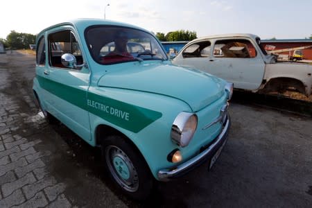 A converted supermini car Zastava 750, which has its combustion engine replaced with an electric one by BB Classic Cars, drives in Skopje