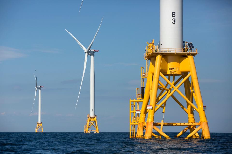 Three of Deepwater Wind’s turbines stand in the waters off Block Island.