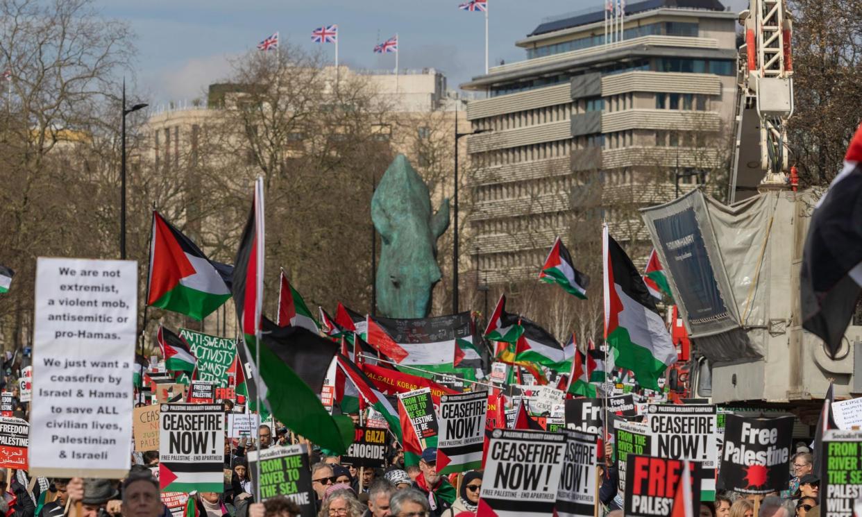 <span>People gather at Hyde Park Corner on 9 March before marching to Vauxhall, close to the American embassy, to demand a ceasefire in Gaza.</span><span>Photograph: Penelope Barritt/Rex/Shutterstock</span>