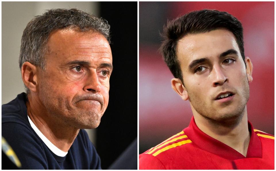 Luis Enrique en rueda de prensa y Eric García durante un partido de la selección española. (Foto: Claudio Bresciani / TT News Agency / AFP / Getty Images / David S. Bustamante / Soccrates / Getty Images).