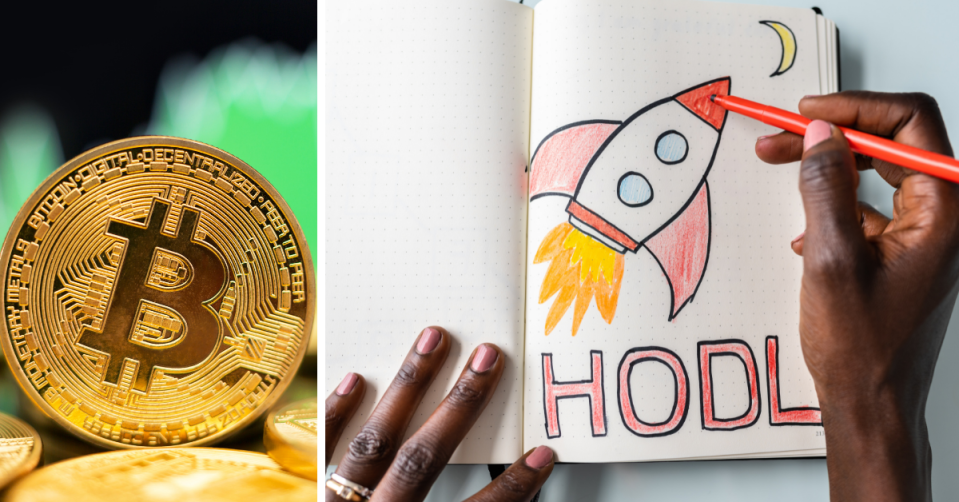 Image of a Bitcoin in a blurred background of a stock in the green and a drawing of a rocket with the phrase &#39;HODL&#39;