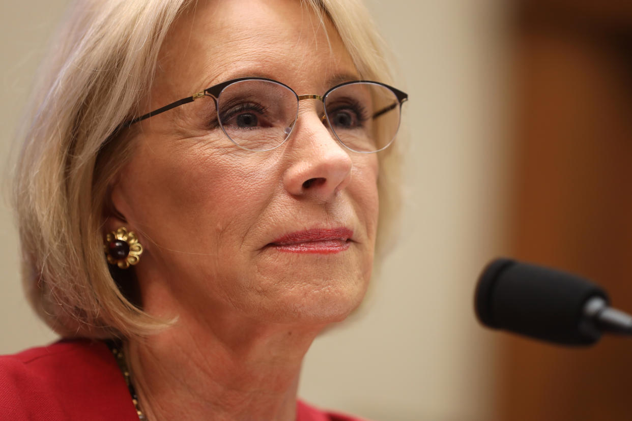 WASHINGTON, DC - DECEMBER 12:  U.S. Secretary of Education Betsy DeVos testifies during a hearing before House Education and Labor Committee December 12, 2019 on Capitol Hill in Washington, DC. The committee held a hearing on 