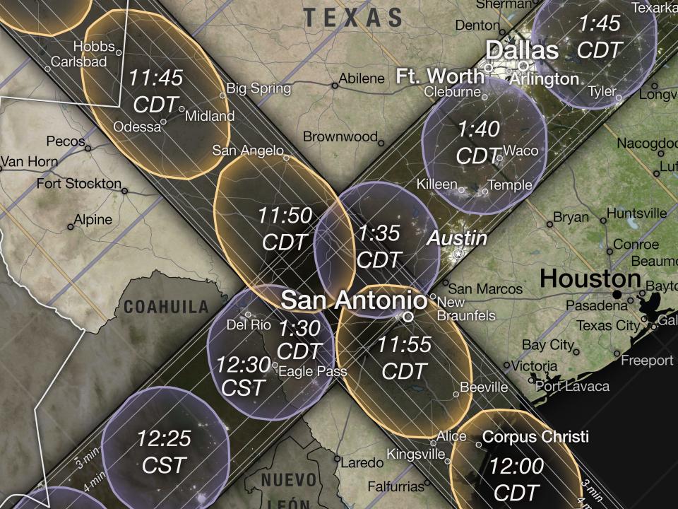 zoomed shot of nasa map shows 2023 eclipse shadow running through Texas from northwest to southeast and 2024 total solar eclipse shadow running from southwest to northeast with the two eclipse paths meeting near San Antonio