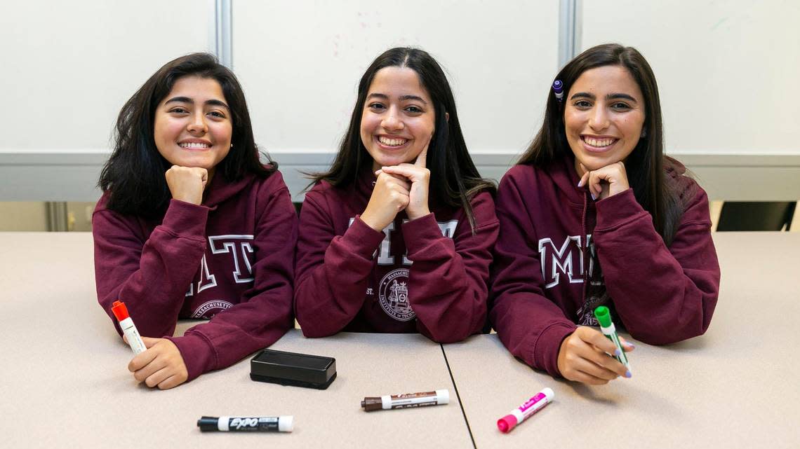 From left to right: Romina Cano Velasquez, 24, Ana Camba Gomes, 20, and Fabiana Gonzalez Zambrano, 20, are photographed at the Miami Dade College West Campus on Friday, Aug. 19, 2022, in Doral, Fla. All three, MDC Honors College students, have been accepted into the Massachusetts Institute of Technology.