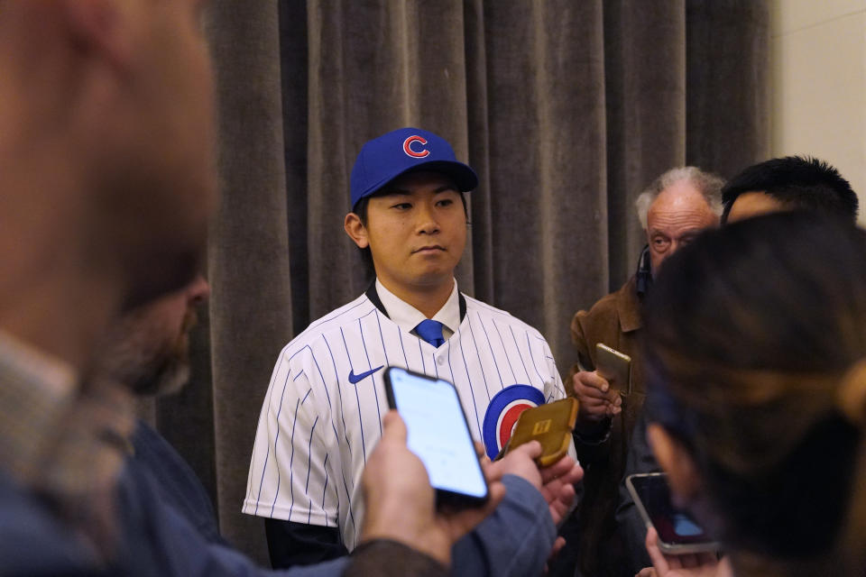 New Chicago Cubs pitcher Shōta Imanaga speaks to reporters following a news conference Friday, Jan. 12, 2024, in Chicago. The Japanese left-hander is expected to step right into the baseball team's rotation as it tries to return to the playoffs for the first time since 2020. (AP Photo/Nam Y. Huh)