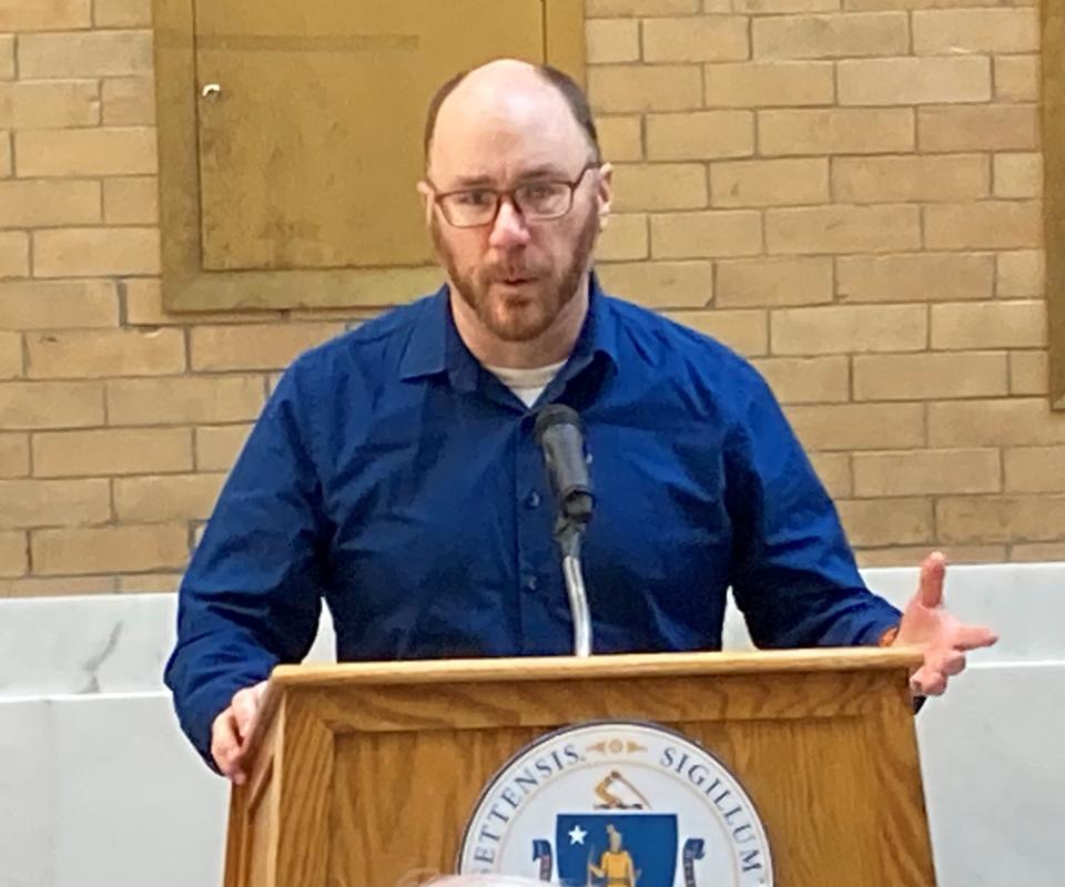 Kyle Robidoux, assistant director of Boston Housing Stability and a visually impaired Bay Stater, talked about his difficulty coming to terms with using a white cane as he navigated through life after being diagnosed with a degenerative eye disease when he was 11.
