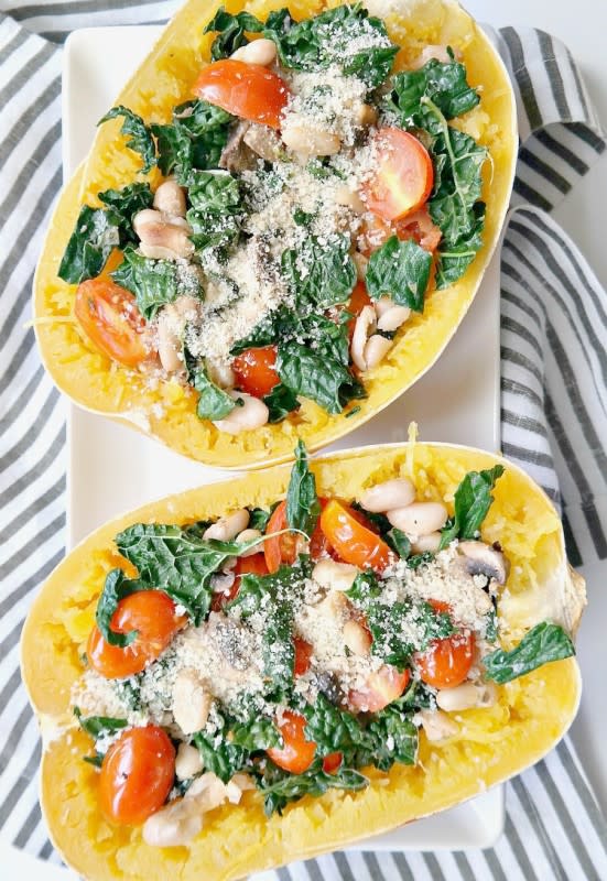 <p>The Glowing Fridge</p><p>This healthy and hearty recipe is filling, nourishing and savory. With kale, tomatoes, mushrooms and white beans, it's a feel-good meal that's complete in all the best ways!</p><p><a href="http://www.theglowingfridge.com/tuscan-kale-and-white-bean-spaghetti-squash-bake/" rel="nofollow noopener" target="_blank" data-ylk="slk:Get the recipe here!;elm:context_link;itc:0;sec:content-canvas" class="link "><em><strong>Get the recipe here!</strong></em></a></p>