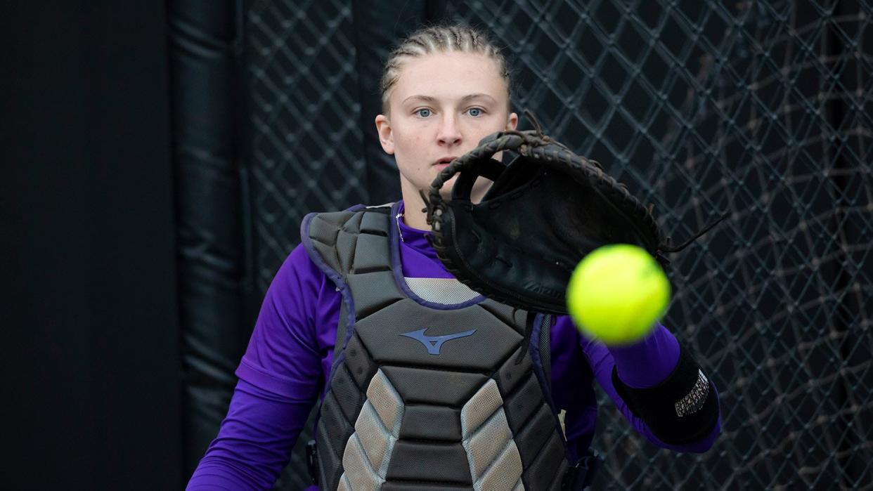 James Madison catcher Lauren Bernett during a NCAA softball game on Friday, May 28, 2021 in Columbia, Mo. (AP Photo/Colin E. Braley)