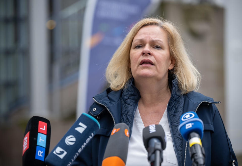 Nancy Faeser, Germany's Federal Minister of the Interior, gives a statement in Saarbraken about two suspected agents with links to Russia who have been arrested in Bavaria, April 18, 2024. / Credit: Harald Tittel/picture alliance/Getty