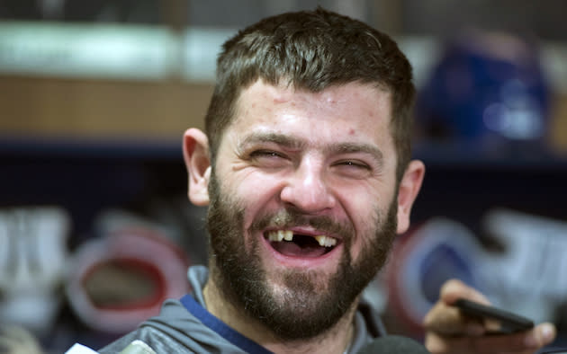 Montreal Canadiens’ Alexander Radulov laughs as he talks with reporters in Brossard, Que., Monday, April 24, 2017. The Canadiens were eliminated by the New York Rangers in first round of NHL playoffs. THE CANADIAN PRESS/Paul Chiasson