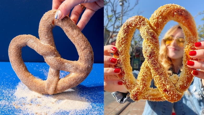 A cinnamon sugar pretzel and an almond pretzel