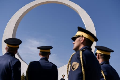 Kosovo Security Force (KSF) members stand guard during the October 2018 inauguration of a memorial dedicated to the 157 Kosovo Liberation Army (KLA) members killed by Serbian forces during the 1998-1999 Kosovo war